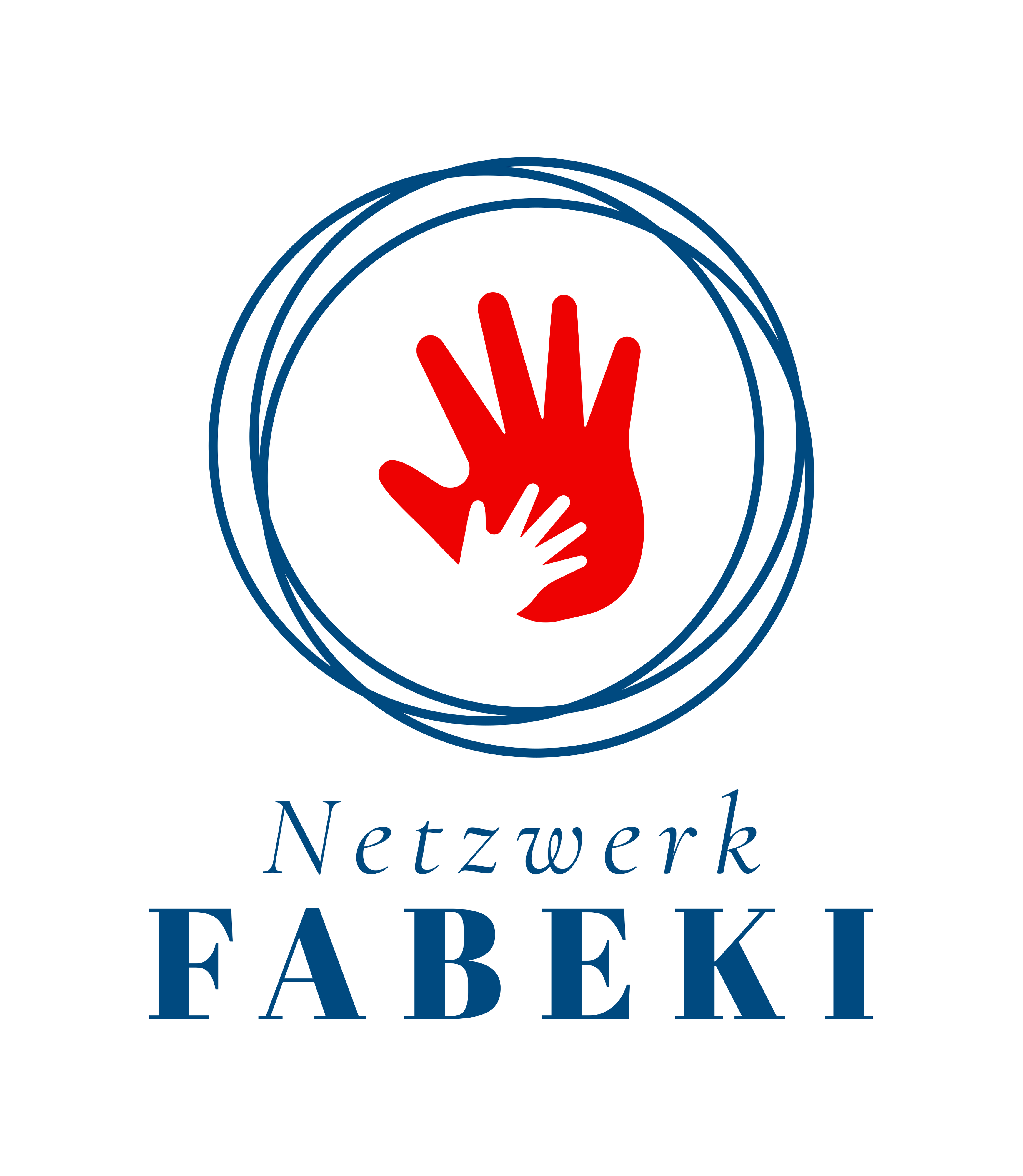 Logo des Netzwerk FABEKI: In einem Kreis sind zwei Hände gezeichnet. Eine kleine rote Hand liegt auf einer großen weißen Hand.