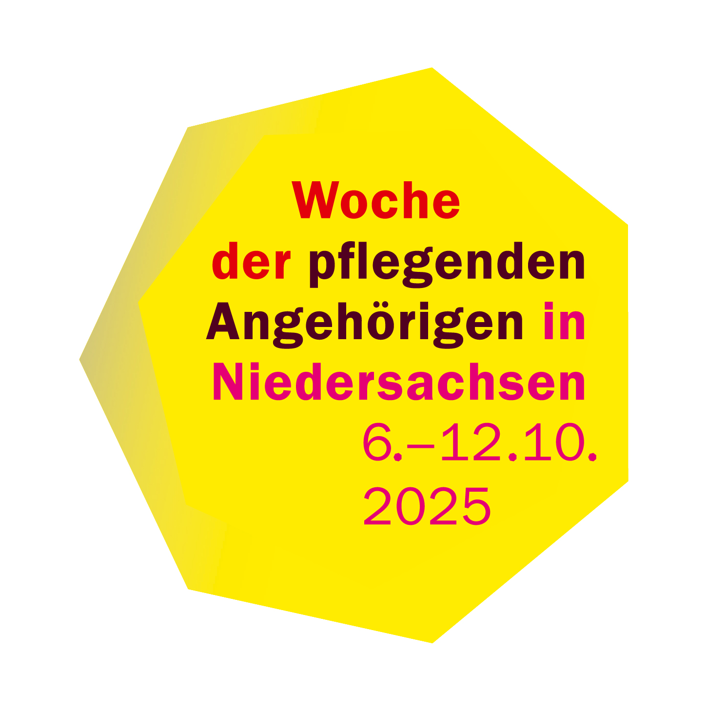 Logo der Woche der pflegenden Angehörigen, gelbes Siebeneck mit roter Schrift